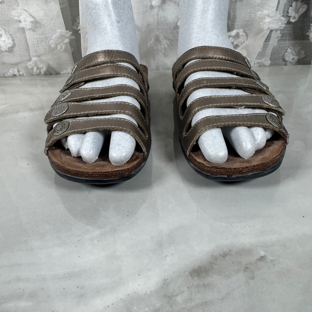 Dansko Metallic Taupe Leather Strappy Slide Sandals Adjustable Concho Comfort 39 - Picture 2 of 15